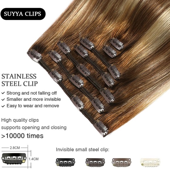 16 Inch , #P6/613/T4 Clip in Hair Extensions Real Human Hair 16 inch 120g 7pcs - Picture 2 of 4